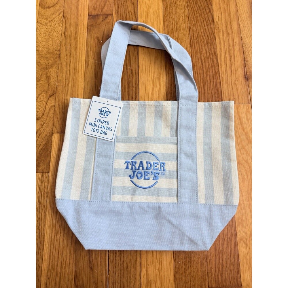 Trader Joe's Striped Mini Canvas Tote Bag - Light Blue/Cream NWT - Picture 4 of 8